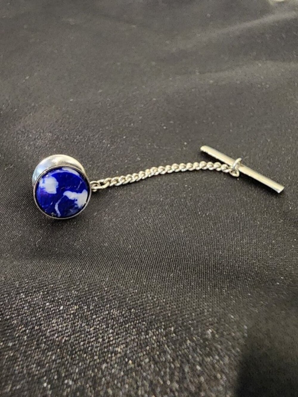 Vintage Silver-Toned Tie Tack with Blue Marbled Stone